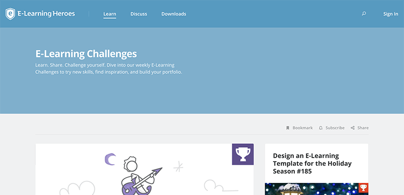 A screenshot of the elearning heroes challenge main page.