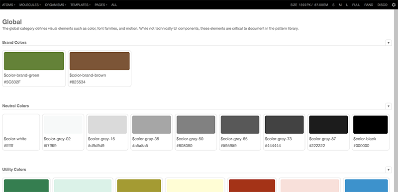 A demo of pattern lab with color palettes.