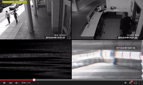 Image capture of CCTV-like video introducting the Robots Are Eating the Building ARG