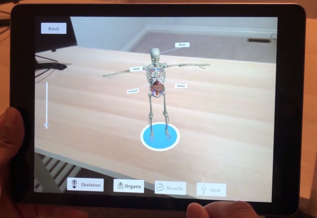 An interactive learning experience of the human anatomy in an AR environment.