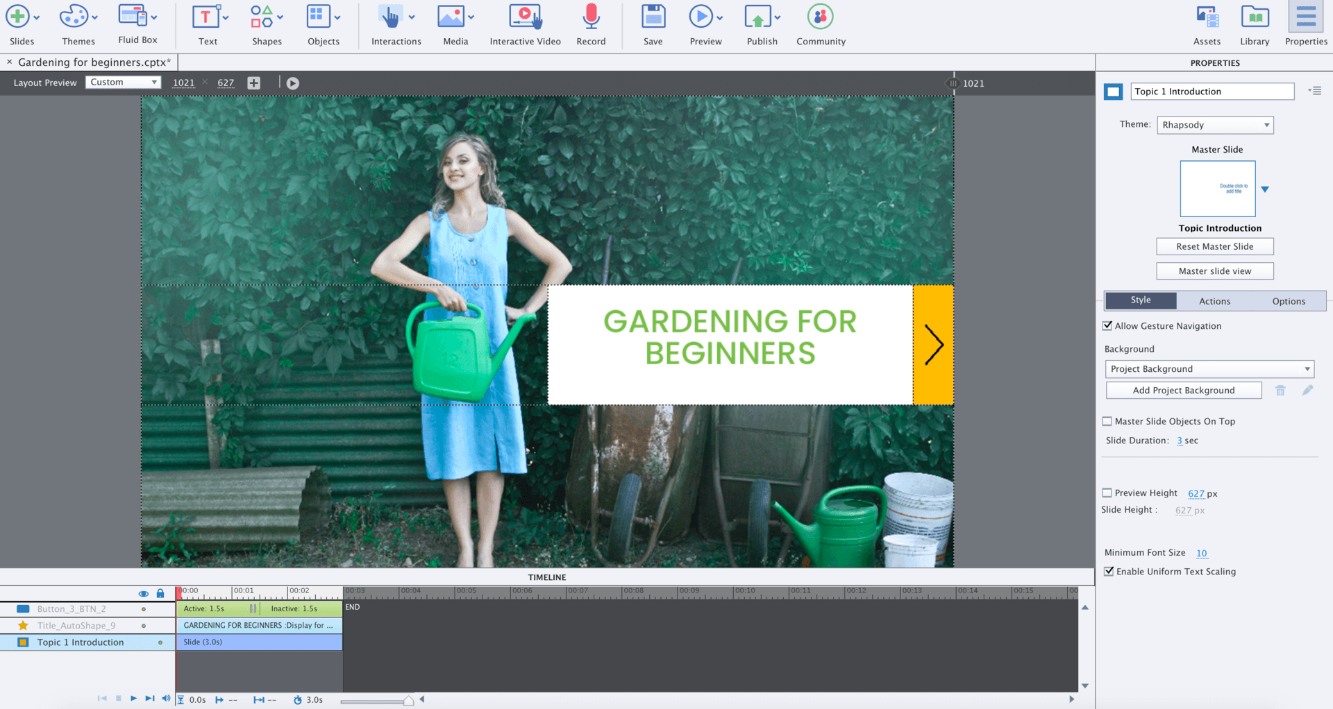 Adobe Captivate edit mode showing gardening course cover page