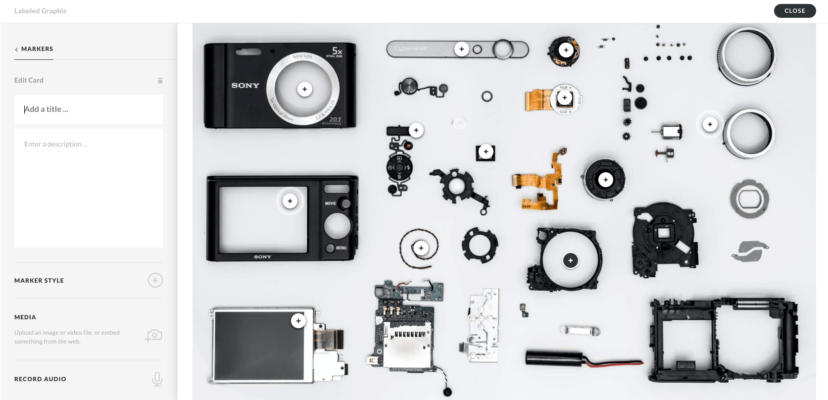 Articulate Rise edit view showing a label diagram of the parts of a camera