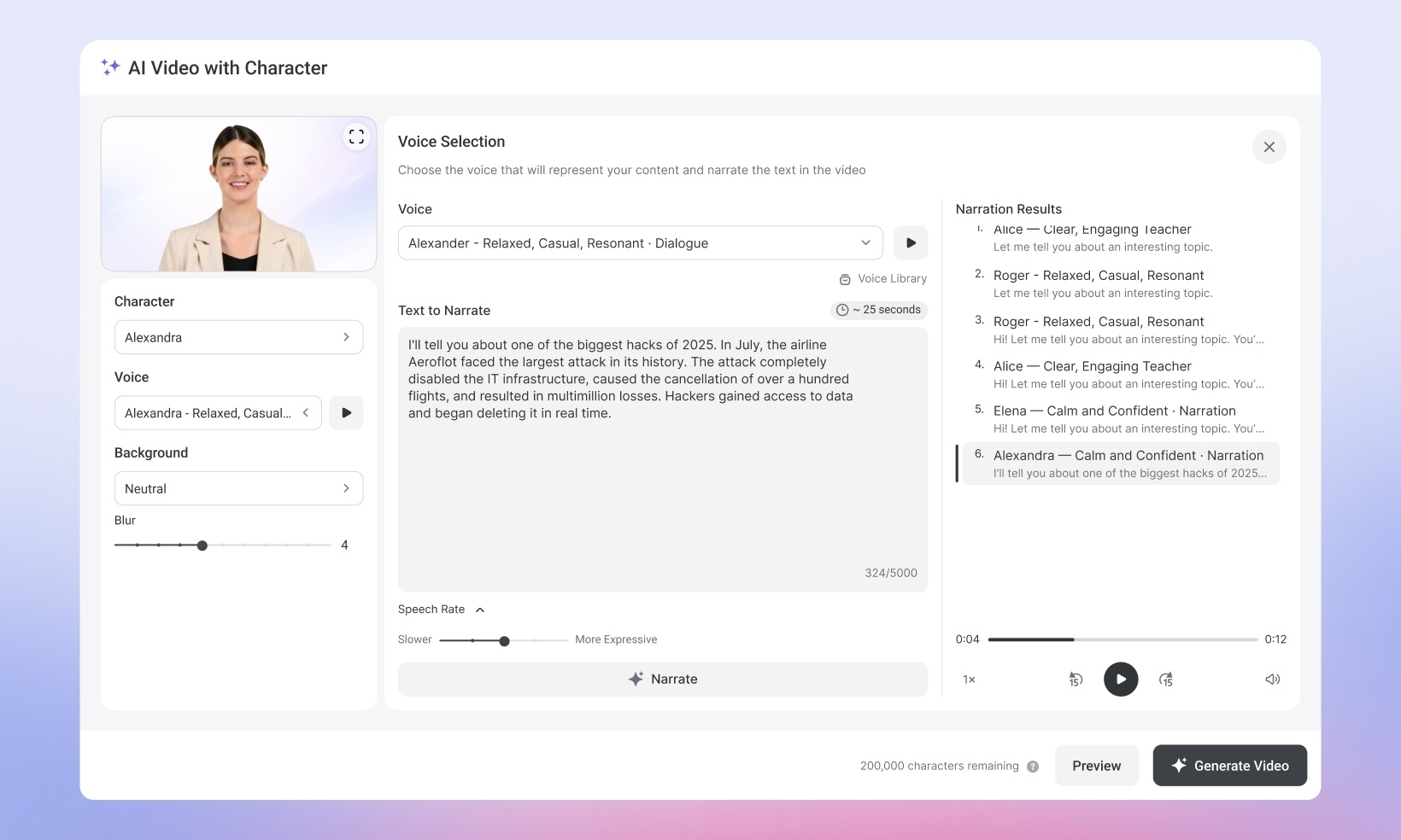 In iSpring Suite AI, the presenter is generated from the script, with the avatar, voice, and background selected within the tool.