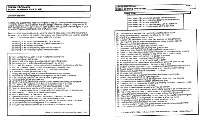 The Grasha-Riechmann Student Learning Styles Scale