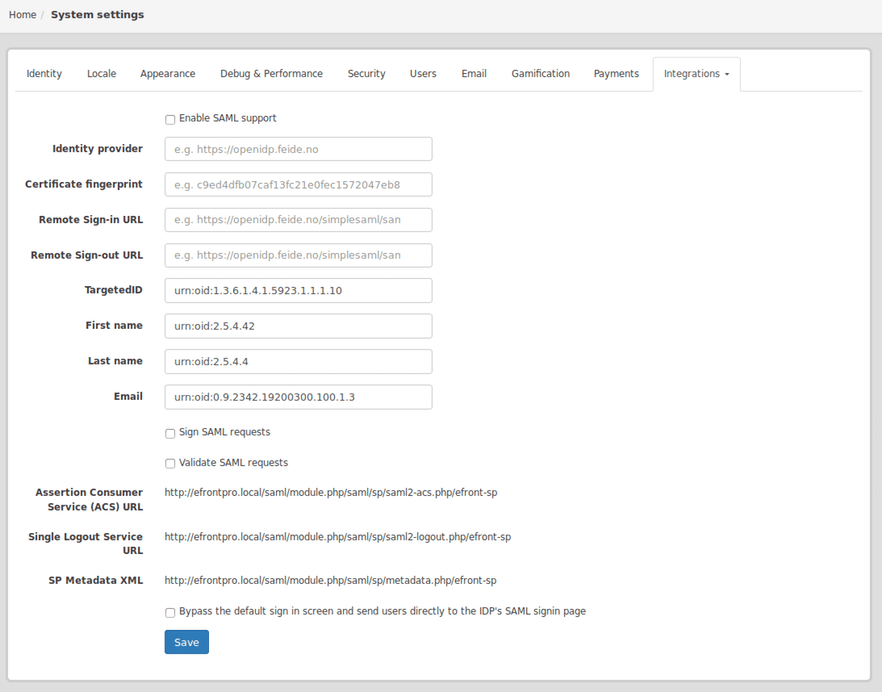 SAML support with eFrontPro