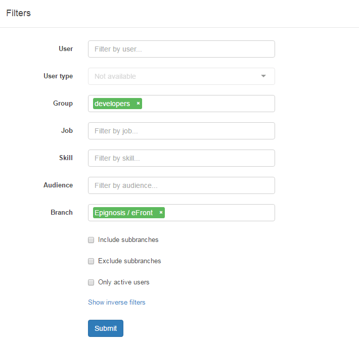 Filters for user management in eFrontPro