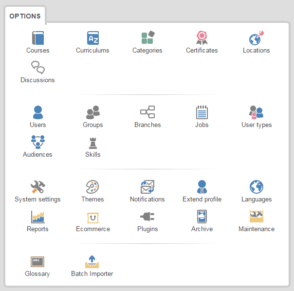 The options of eFrontPro's administrative Dashboard