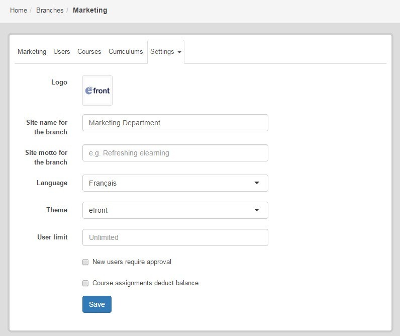 Branches Settings Page in eFrontPro