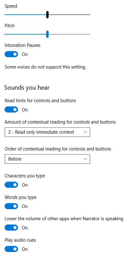 Figure 2. Windows 10 Narration Options