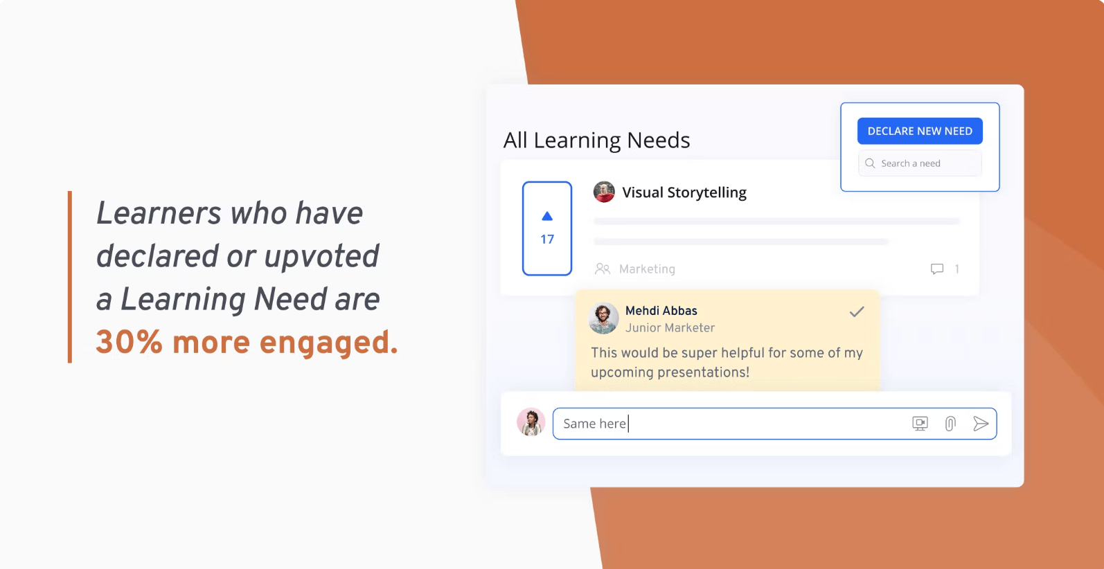 Learners who have declared or upvoted a Learning Need are 30% more engaged.