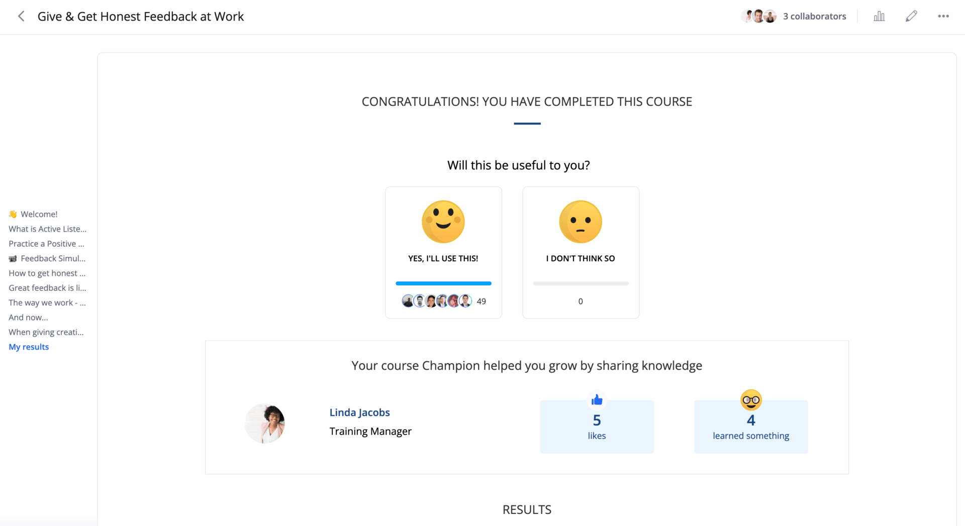 360Learning's Relevance Score feature empowers your teams to quickly assess the relevance of your courses at the moment of course completion.