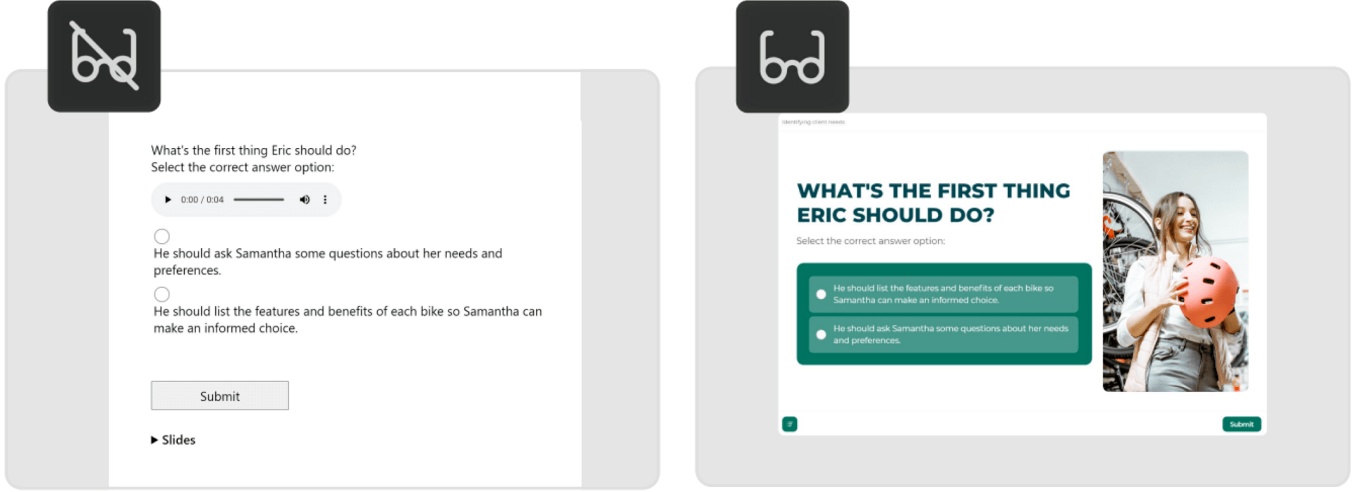 What a quiz question looks like in different modes, depending on the learner's needs and preferences.