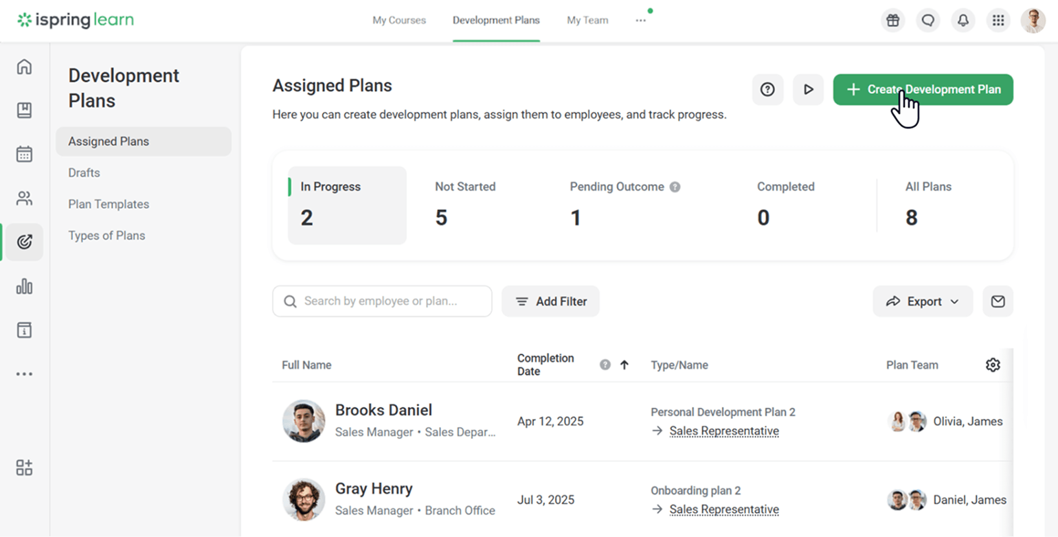 Click Development Plans on the LMS sidebar. Then choose Assigned Plans and select Create Development Plan.