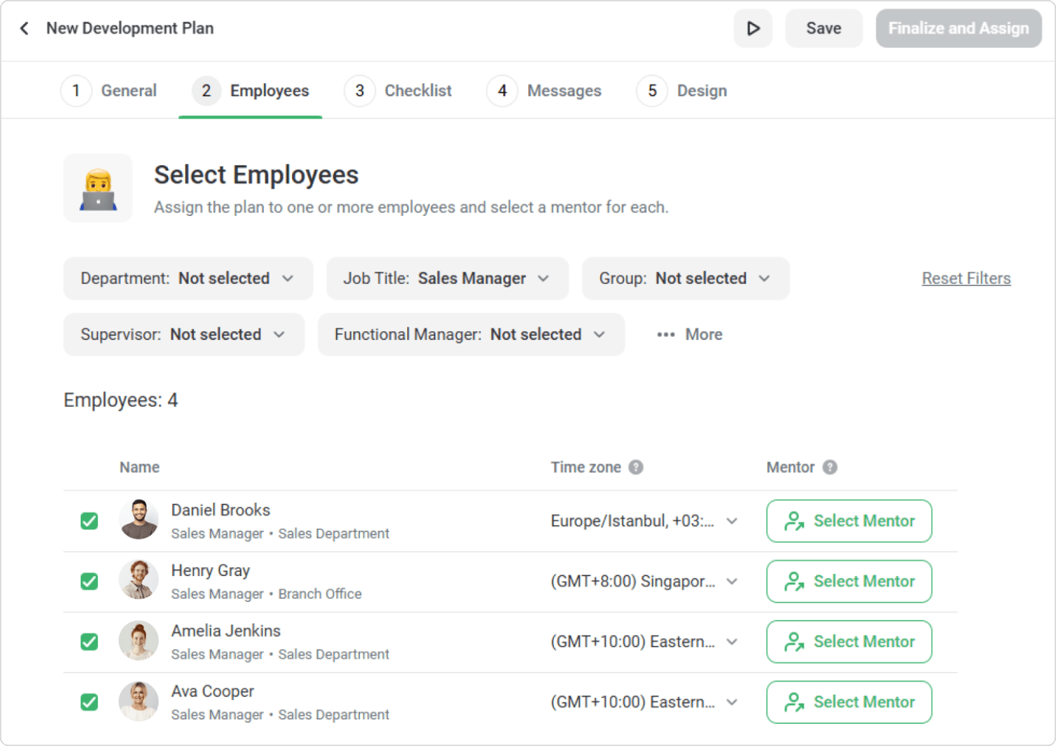 Fill in general information and go to the Employees tab to select trainees and their mentors. It's easy to find the right employee by entering their name or using smart filters like organizational departments.
