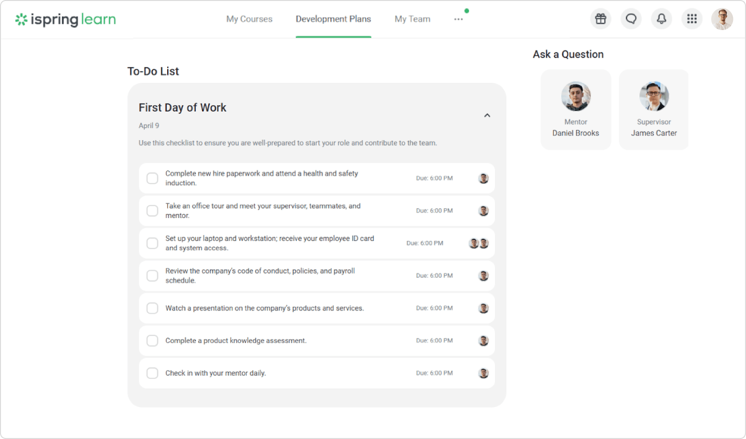 An example of an onboarding checklist in Development Plans. 
