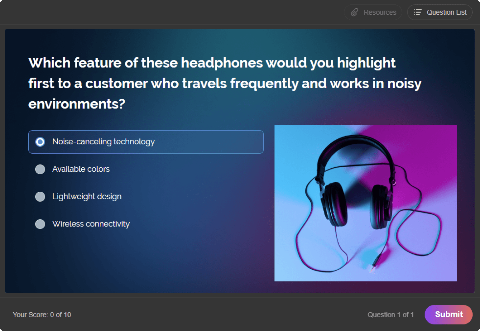 Product training course quiz example
