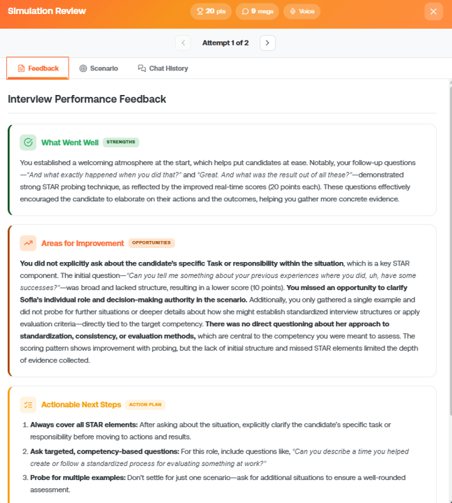 Each AI simulation can generate a qualitative feedback report that goes beyond a score and helps learners understand how they performed in the conversation.