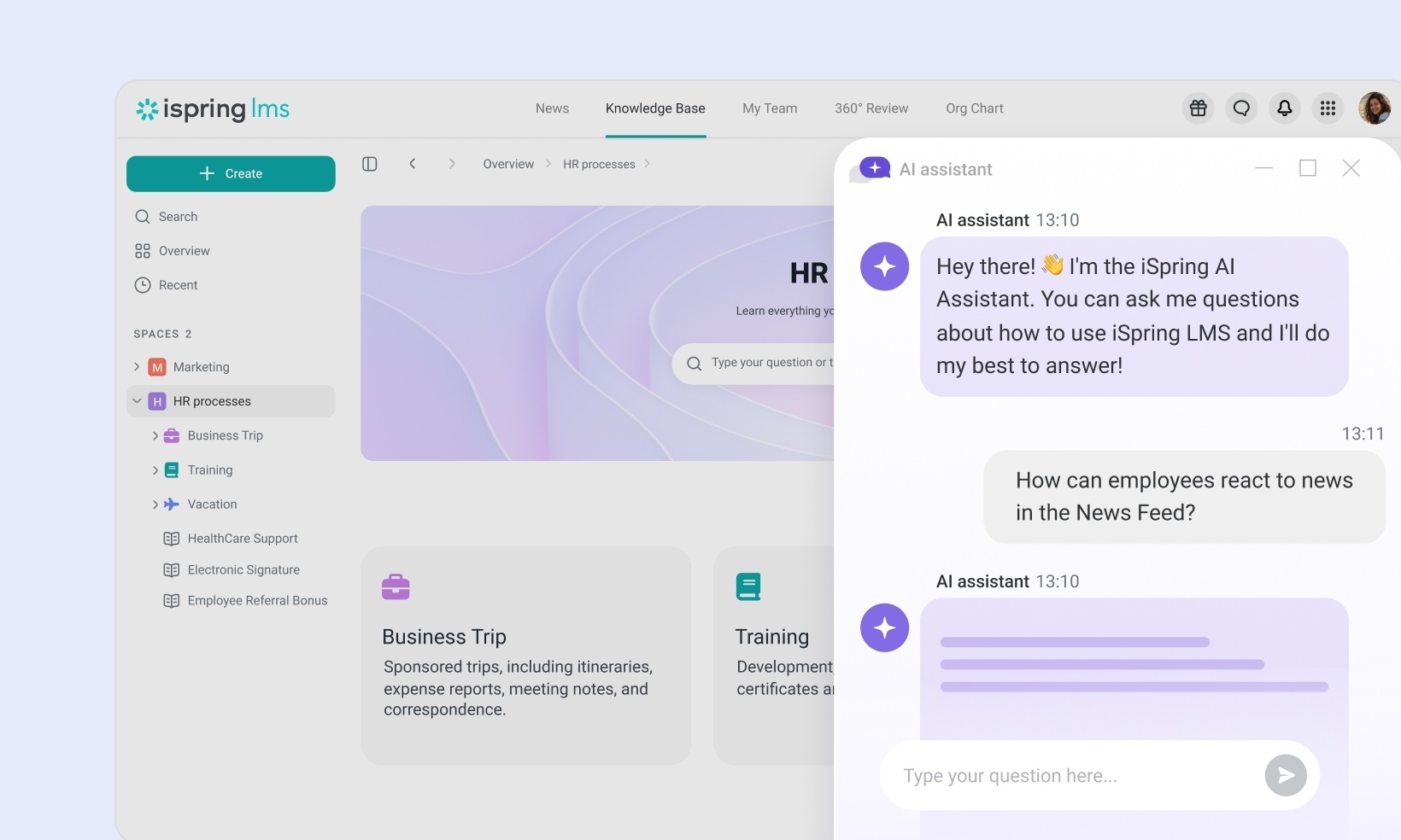The iSpring LMS AI Assistant can help administrators with product questions and routine tasks.