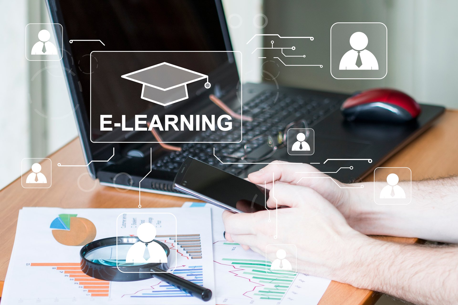 Online,Education,,E-learning.,Young,Man,Is,Sitting,At,Table,,Working